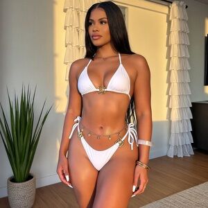 NWT Somewhere Private White & Gold Detail 2-Piece Luxe Bikini Set Resortwear